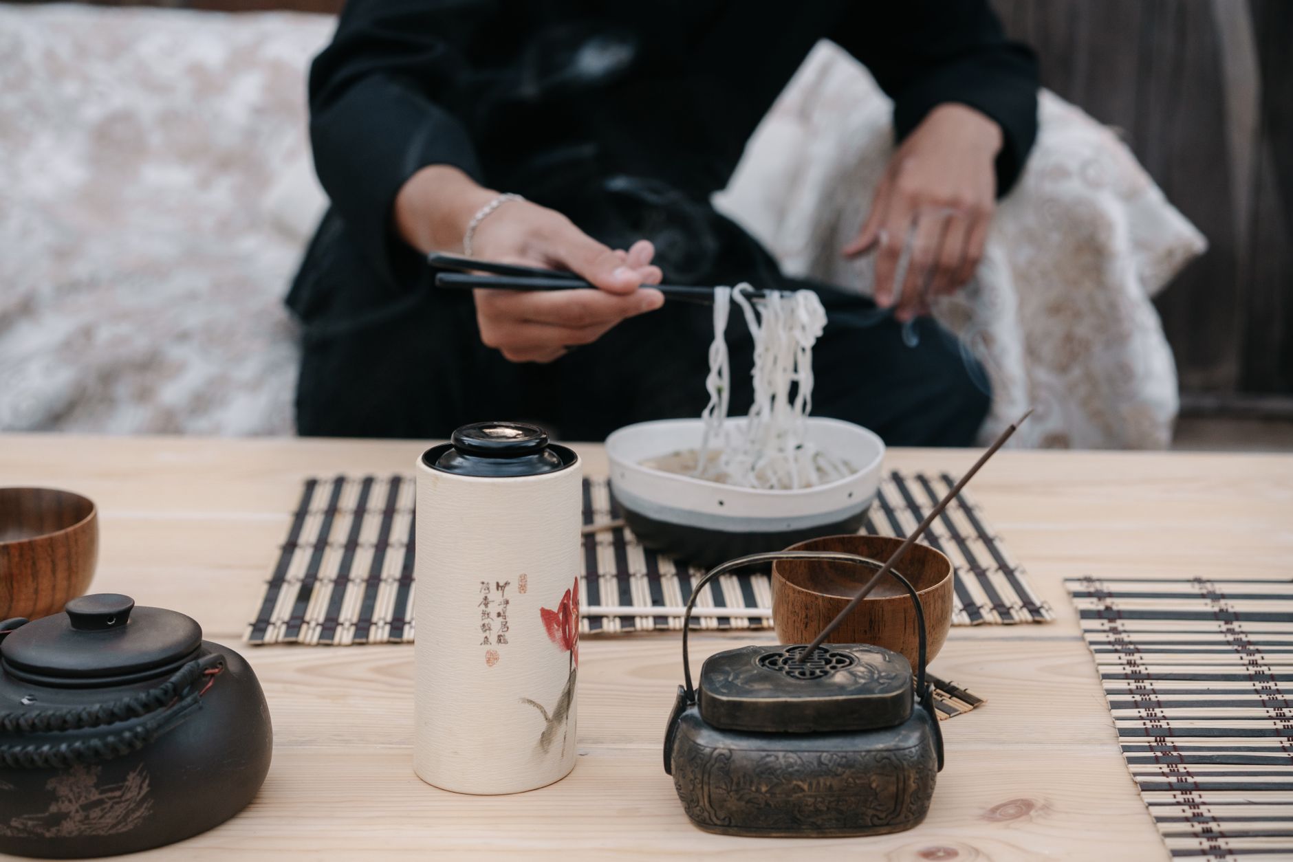 Traditional Japanese wooden dining set with seasonal mountain dishes